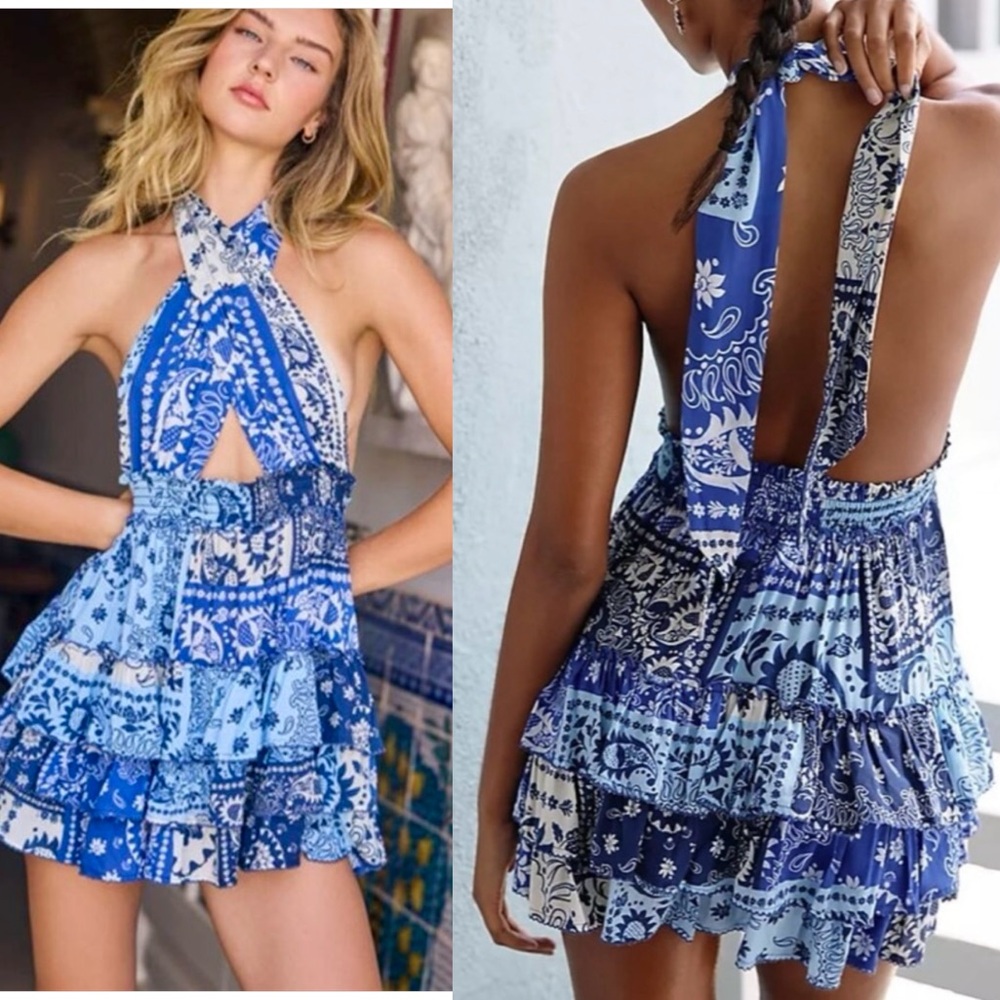 Agua Bendita Moana Atma convertible mini dress blue white ruffled floral $330